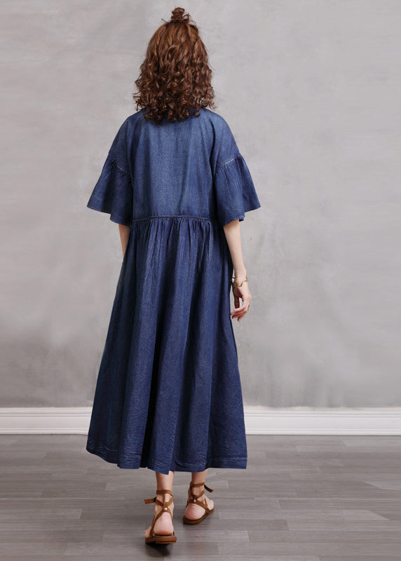 Simple Blue Blue Broideried Colond Cotton Denim Robes Flare Sleeve