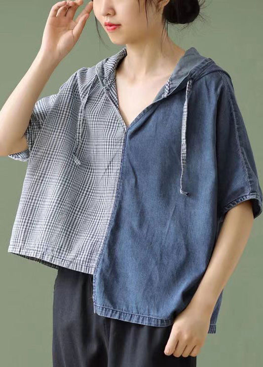 Simple Blue Hotted Asymétrical Design Patchwork Denim T-shirt Top Summer