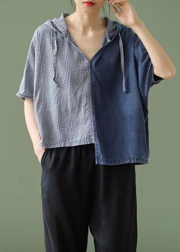 Simple Blue Hotted Asymétrical Design Patchwork Denim T-shirt Top Summer