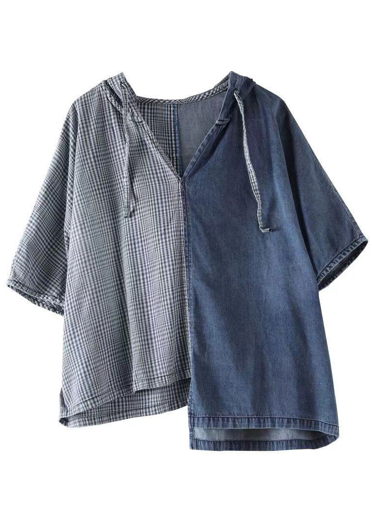 Simple Blue Hotted Asymétrical Design Patchwork Denim T-shirt Top Summer