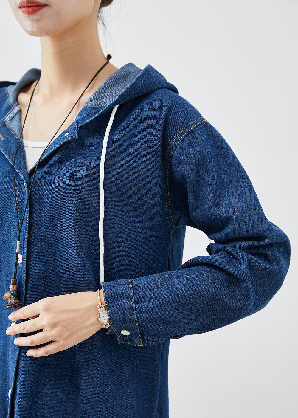 Simple Blue Hooded Button Down Denim Trench Coats Fall