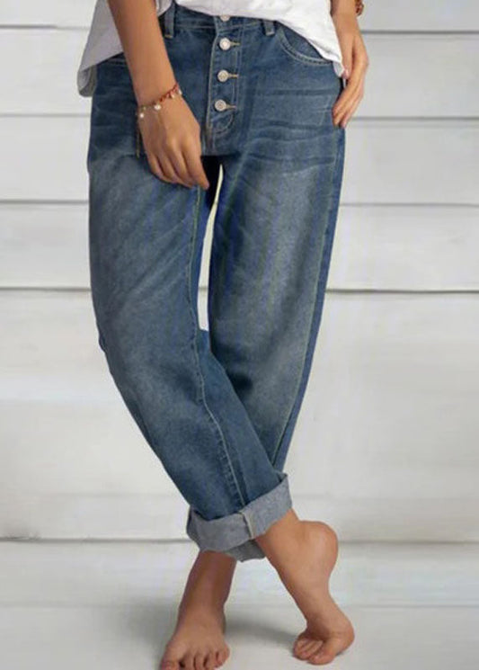 Bouton de poches bleues simples Patchwork High Waist Denim Pantalon Summer