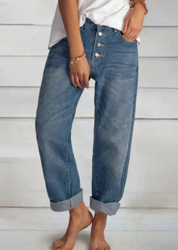 Bouton de poches bleues simples Patchwork High Waist Denim Pantalon Summer