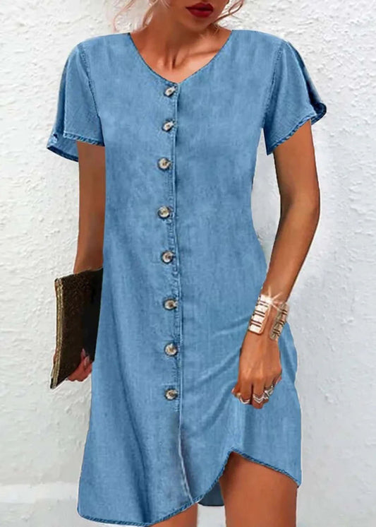 Bouton de cou bleu simple V Patchwork Denim robe mid manche courte