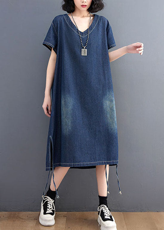 Side Patchwork Blue V simple Robe en jean ouvert Summer