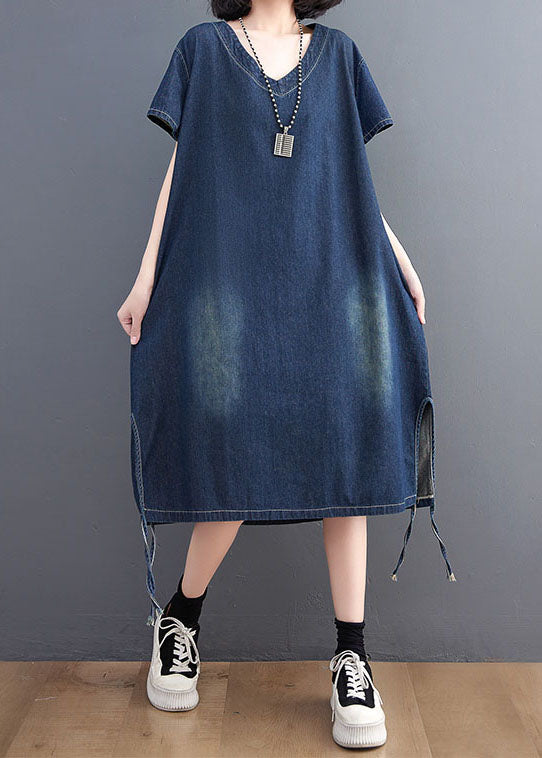 Side Patchwork Blue V simple Robe en jean ouvert Summer