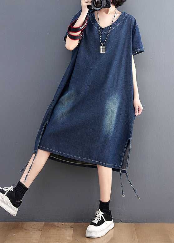 Side Patchwork Blue V simple Robe en jean ouvert Summer