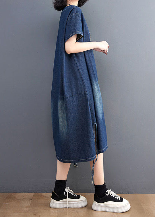 Side Patchwork Blue V simple Robe en jean ouvert Summer