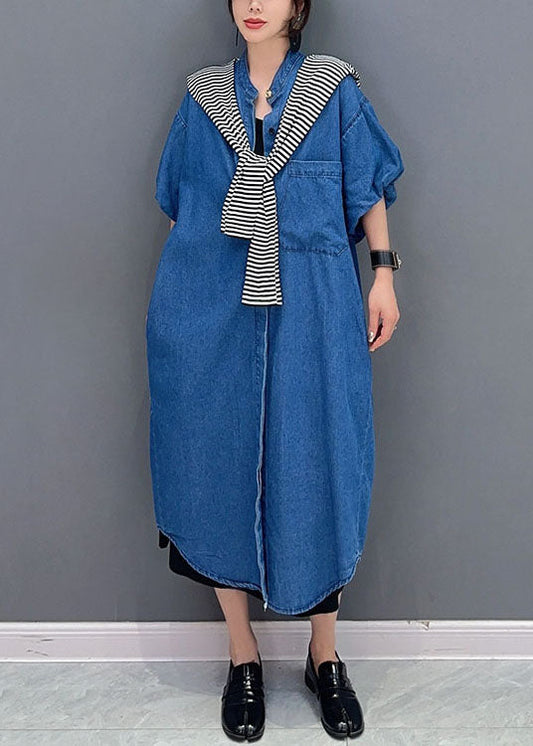 Poches bleu foncé simples Patchwork Patchwork Denim Long Coats Summer