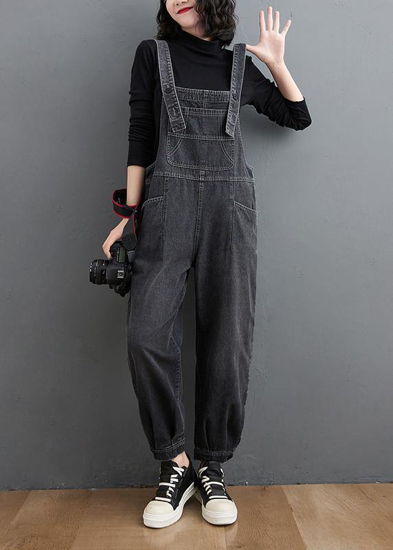 Simple Denim Black Casual Pants Unique Spring Jumpsuit Pants - SooLinen