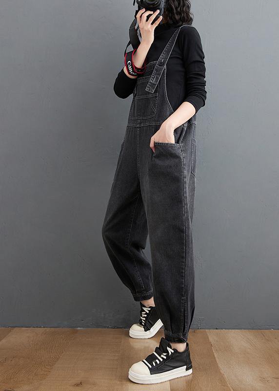 Simple Denim Black Casual Pants Unique Spring Jumpsuit Pants - SooLinen