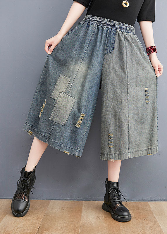 Simple Denim Blue Elastic Waist Hole Applique Cotton Straight Pants Trousers Summer