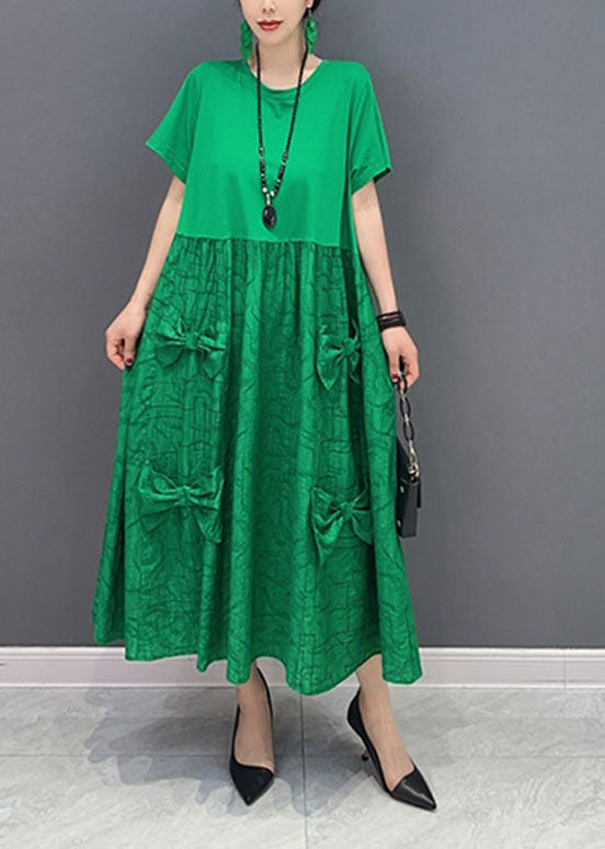 Simple Green O Neck Patchwork Jacquard Cotton Long Robes Summer