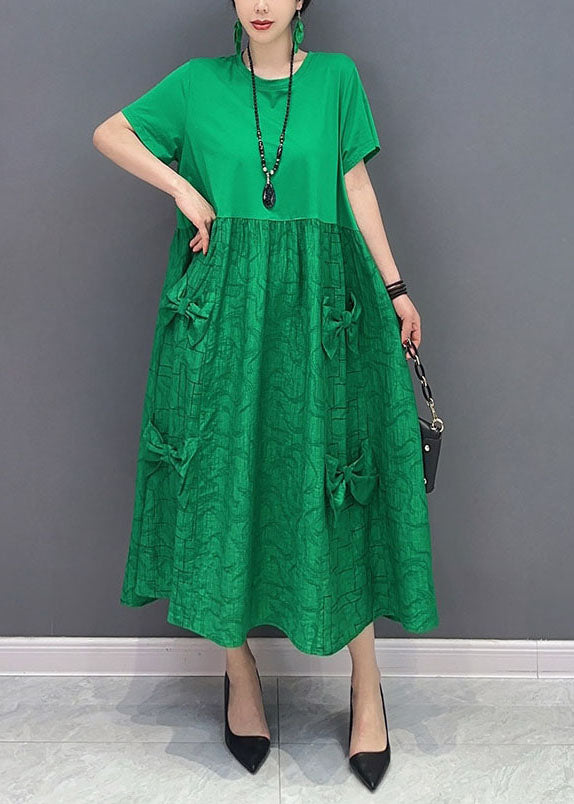 Simple Green O Neck Patchwork Jacquard Cotton Long Robes Summer