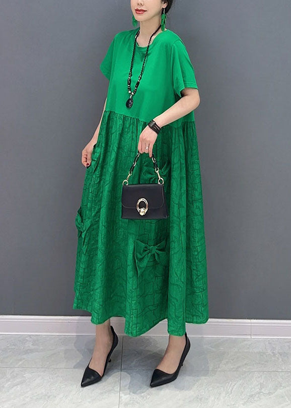 Simple Green O Neck Patchwork Jacquard Cotton Long Robes Summer