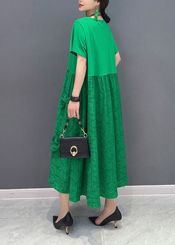 Simple Green O Neck Patchwork Jacquard Cotton Long Robes Summer