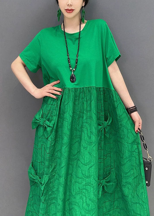 Simple Green O Neck Patchwork Jacquard Cotton Long Robes Summer