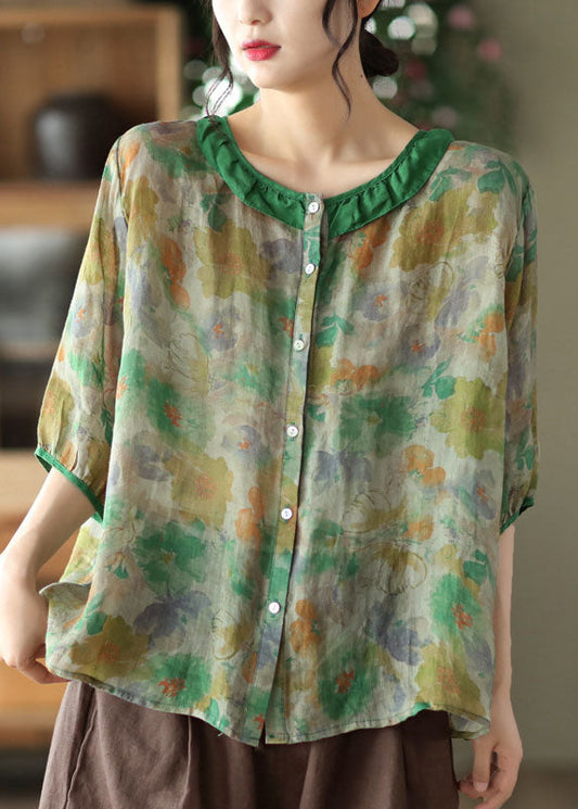 Green O Neck Patchwork Print Linen Shirts Half Sleeve