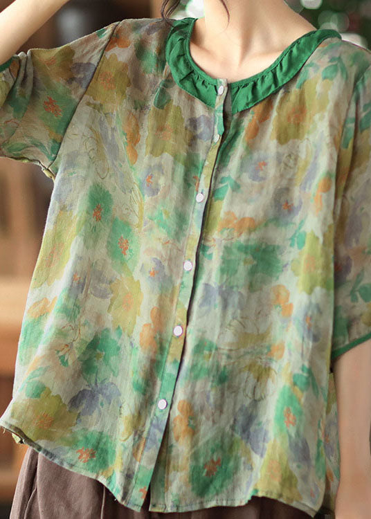 Green O Neck Patchwork Print Linen Shirts Half Sleeve