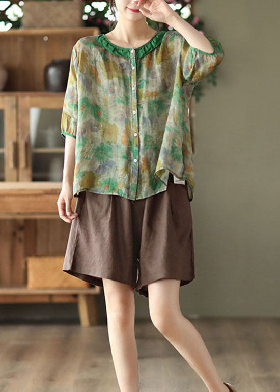 Green O Neck Patchwork Print Linen Shirts Half Sleeve