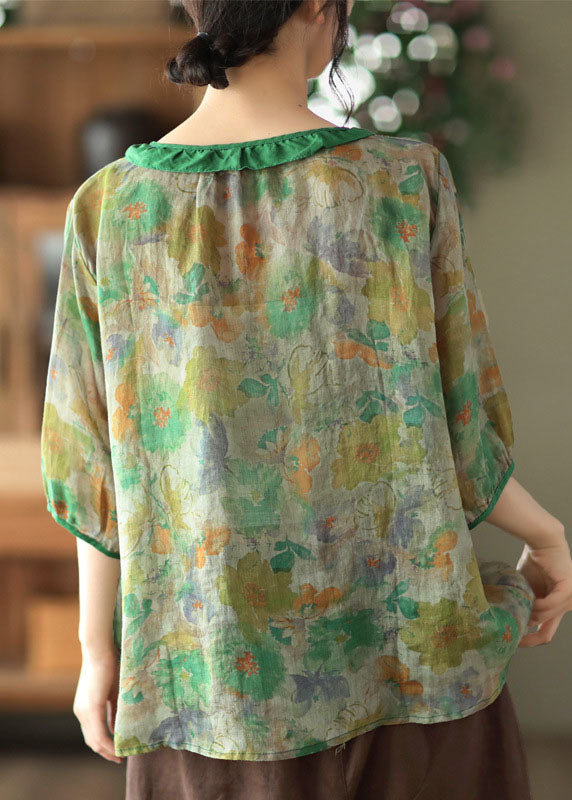 Green O Neck Patchwork Print Linen Shirts Half Sleeve