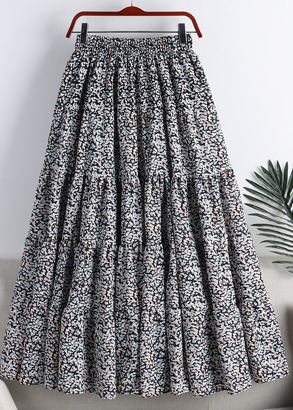 Simple Green Patchwork Elastic Waist Print A Line Skirt Fall