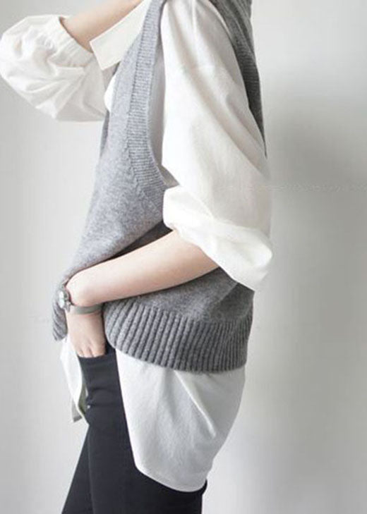 Simple Grey V Neck Woolen Tanks Sleeveless