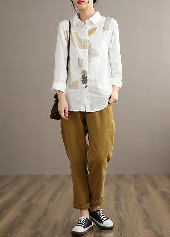 Simple Lapel Cinched Spring Clothes Khaki Print Top - SooLinen