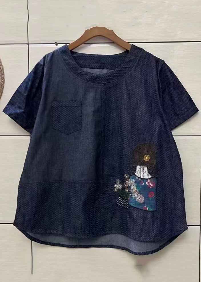 Navy O Navy O Neck Print Patchwork Denim Top Summer