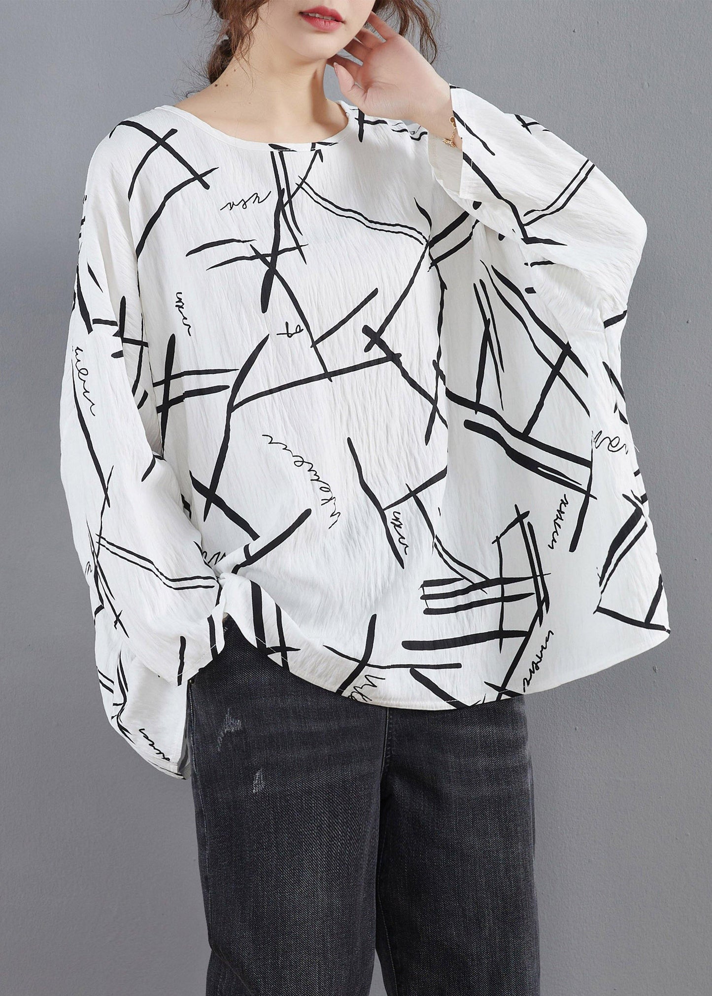 Simple O Neck Spring Design White Print Blouses - SooLinen