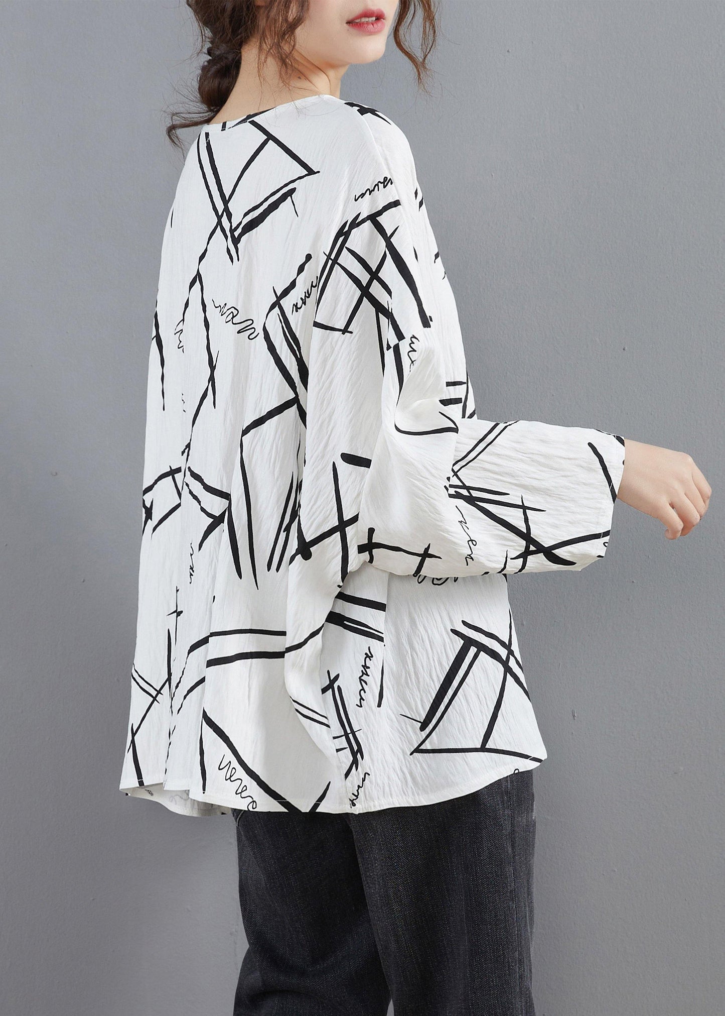 Simple O Neck Spring Design White Print Blouses - SooLinen