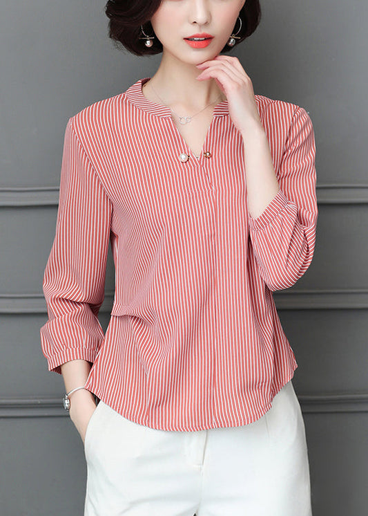 Simple Red V Neck Wrinkled Striped Chiffon Blouse Top Bracelet Sleeve