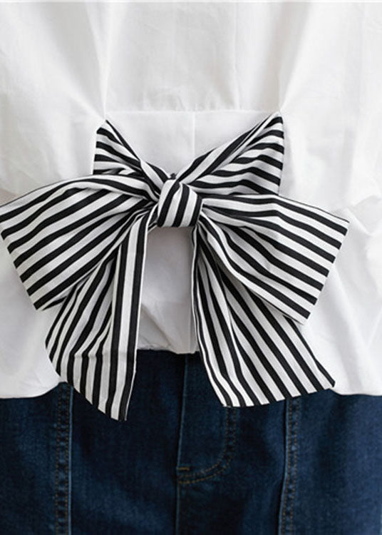 Simple White O-Neck Bow Patchwork Fall Top Three Quarter Sleeve