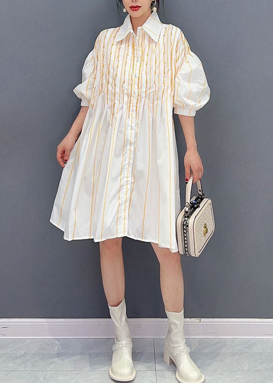 Simple White Peter Pan Collier à rayures Coton Shirts Robe Summer