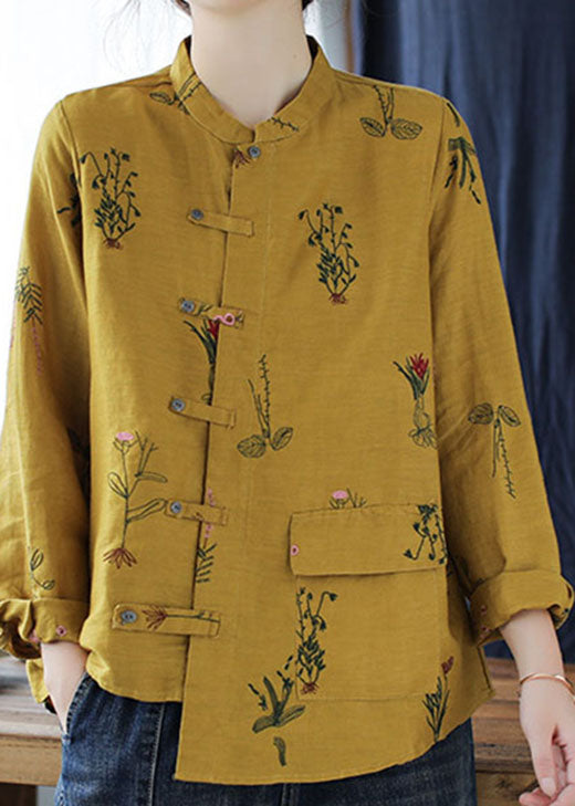 Chemise en lin brodés jaune simple à manches longues