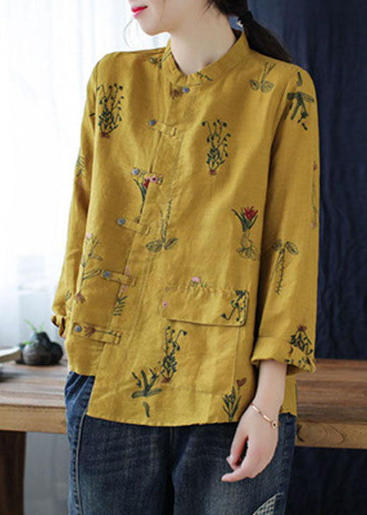 Chemise en lin brodés jaune simple à manches longues