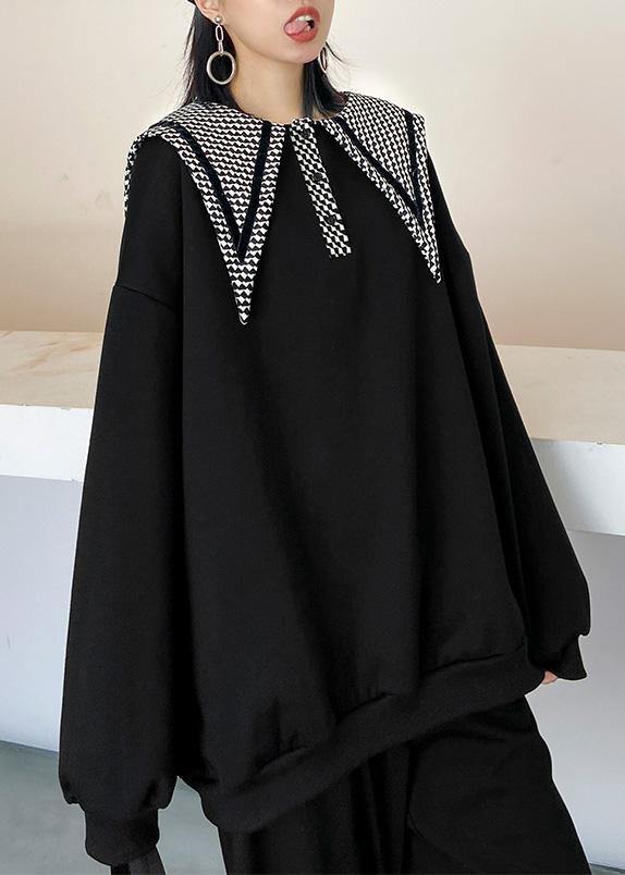 Simple black top Sailor Collar Button Down Art tops - SooLinen