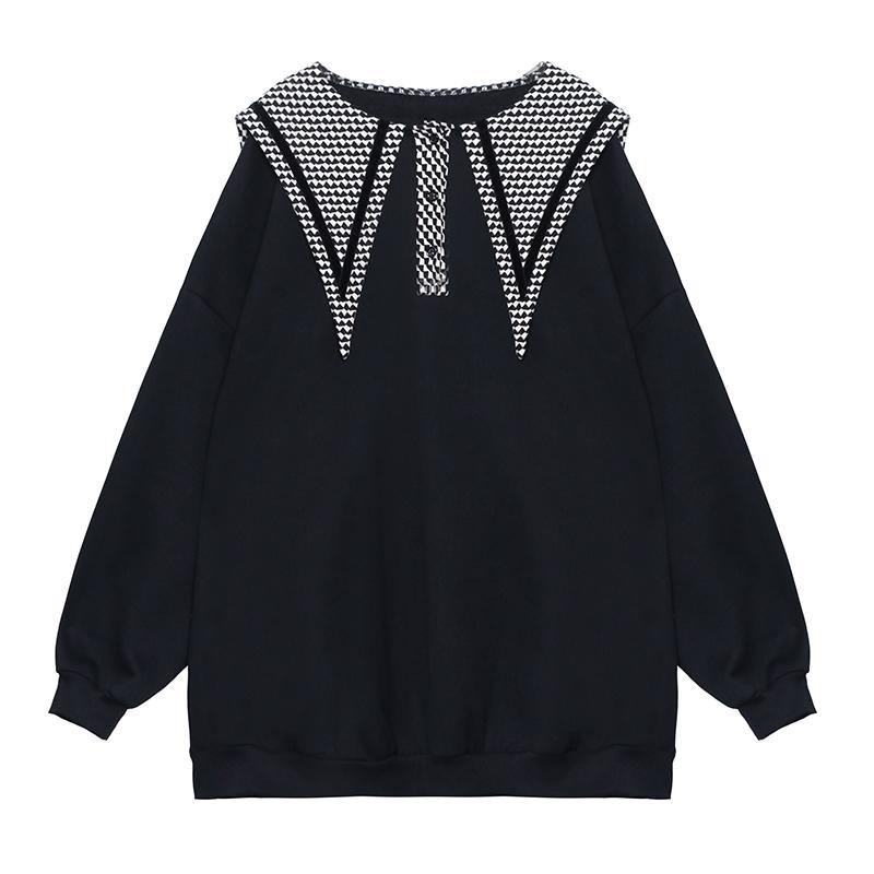 Simple black top Sailor Collar Button Down Art tops - SooLinen