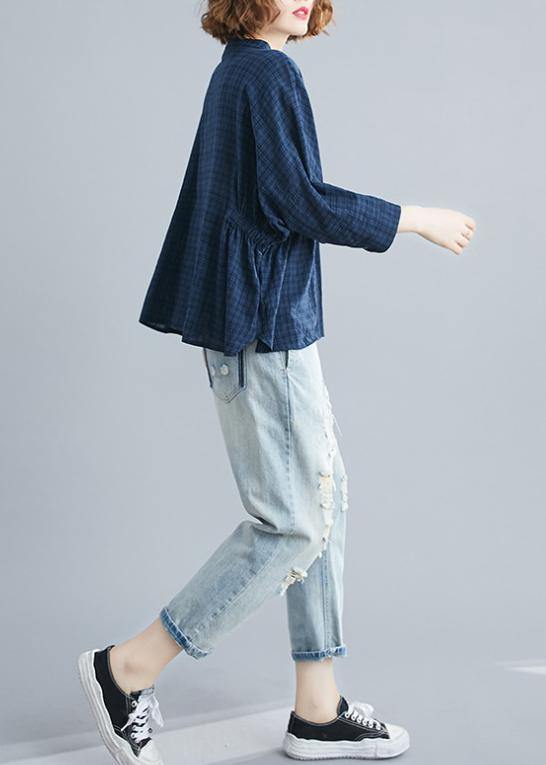 Simple blue cotton crane tops stand collar Batwing Sleeve short shirts - SooLinen