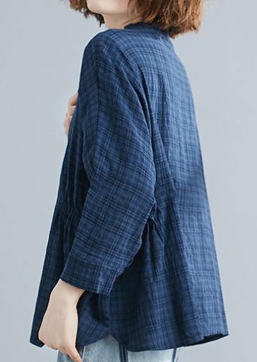 Simple blue cotton crane tops stand collar Batwing Sleeve short shirts - SooLinen