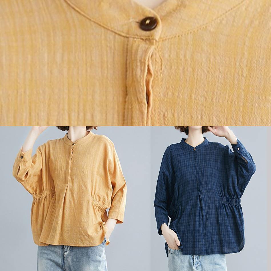 Simple blue cotton crane tops stand collar Batwing Sleeve short shirts - SooLinen