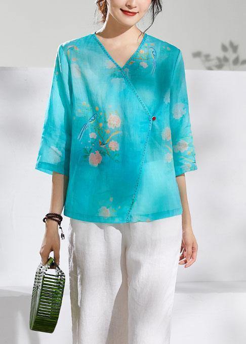 Simple green print linen clothes v neck summer blouses - SooLinen