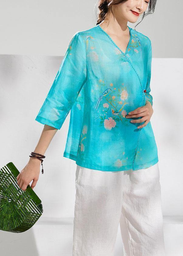 Simple green print linen clothes v neck summer blouses - SooLinen