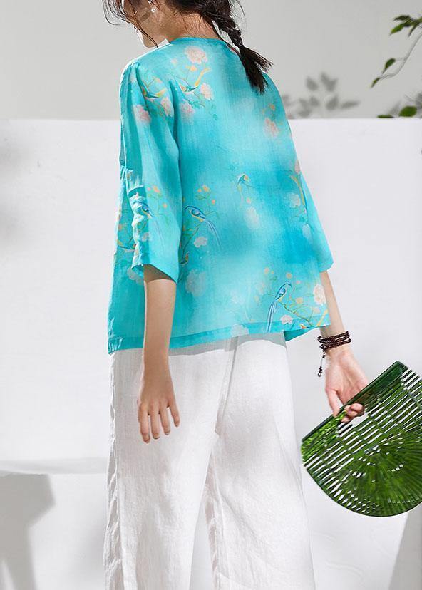 Simple green print linen clothes v neck summer blouses - SooLinen