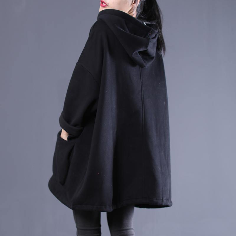 Simple hooded drawstring spring shirts women black tops - SooLinen