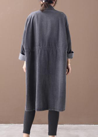 Simple stand collar drawstring Fashion tunic coat denim black Midi women coats - SooLinen