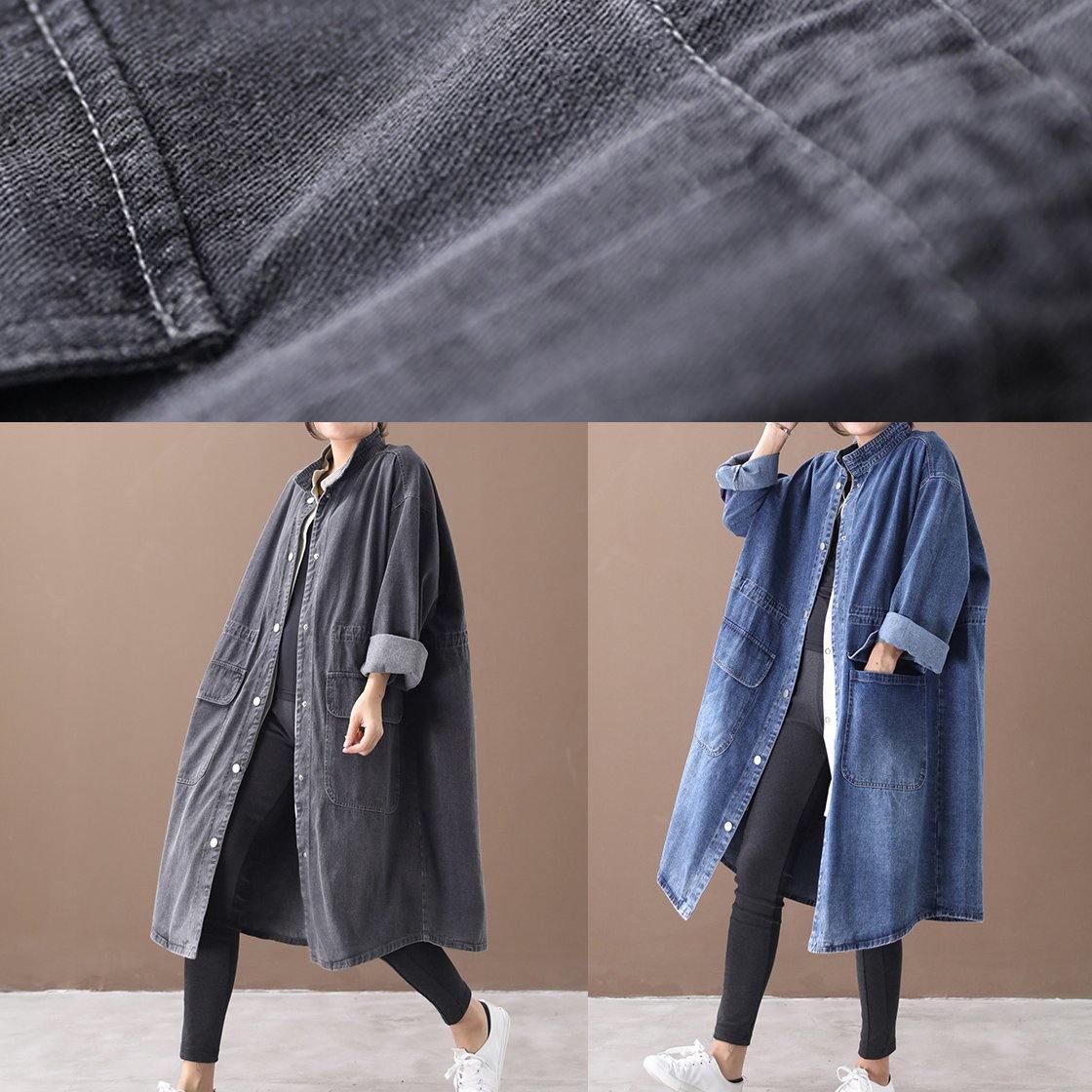 Simple stand collar drawstring Fashion tunic coat denim black Midi women coats - SooLinen