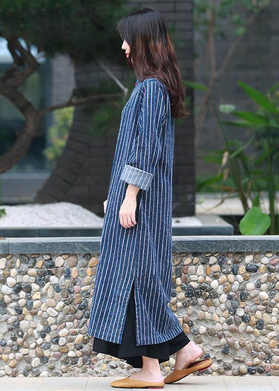 Simple stand collar side open tunic Tutorials denim blue striped A Line Dress - SooLinen