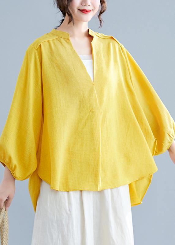 Simple v neck batwing sleeve linen crane tops yellow oversized blouses summer - SooLinen