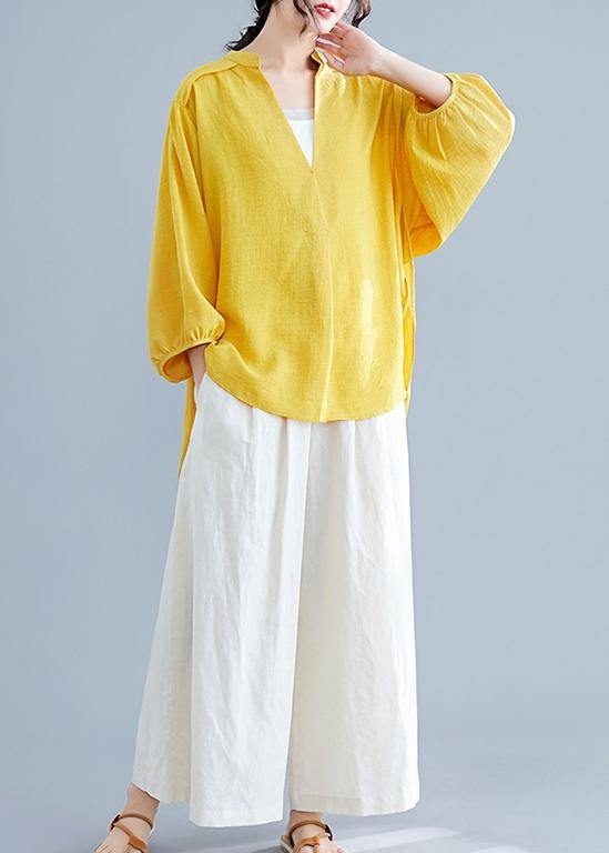 Simple v neck batwing sleeve linen crane tops yellow oversized blouses summer - SooLinen